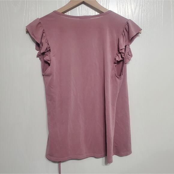 Hummingbird Rose Pink Wrap Tie Front Top Flutter Ruffle Sleeves Barbiecore Small - Picture 3 of 6
